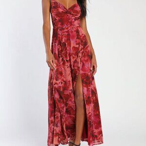 Lulus Beautiful Soul Burgundy Floral Print Twist-front Maxi Dress Red - Size XL